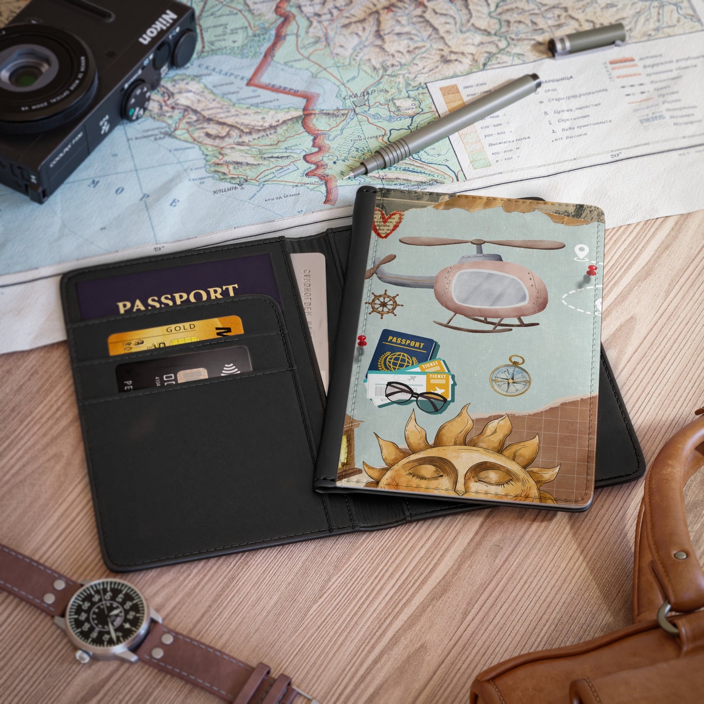 Travel Passport Cover — Whimsical Sun, Helicopter & Compass Design