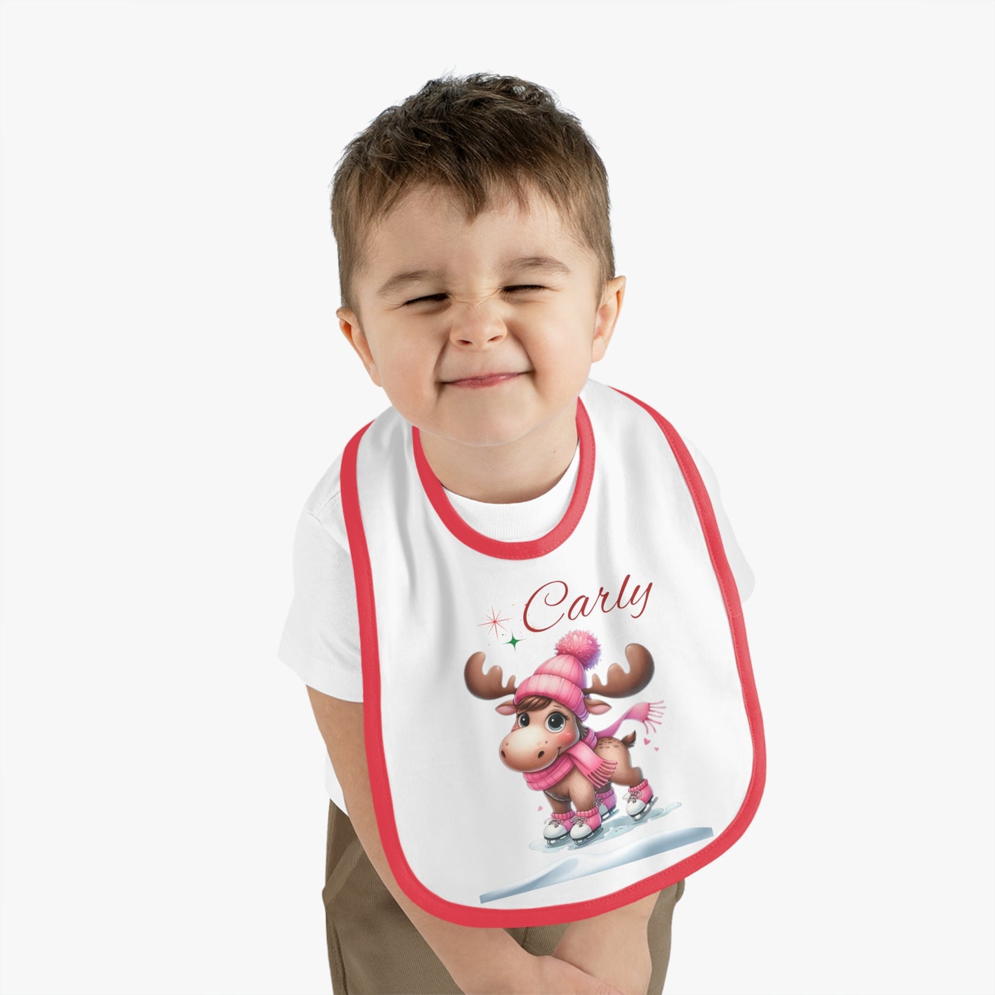 Personalized Baby Bib — Cute Ice Skating Moose with Name (Custom Carly)