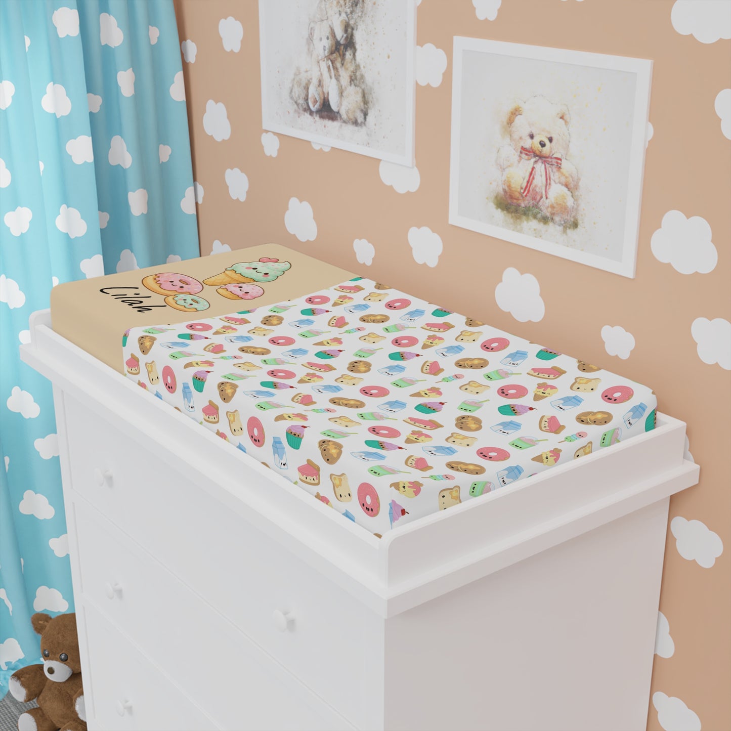 Baby Changing Pad Cover — Cute Donut & Snacks Waterproof Fitted Cover (Personalize Name)