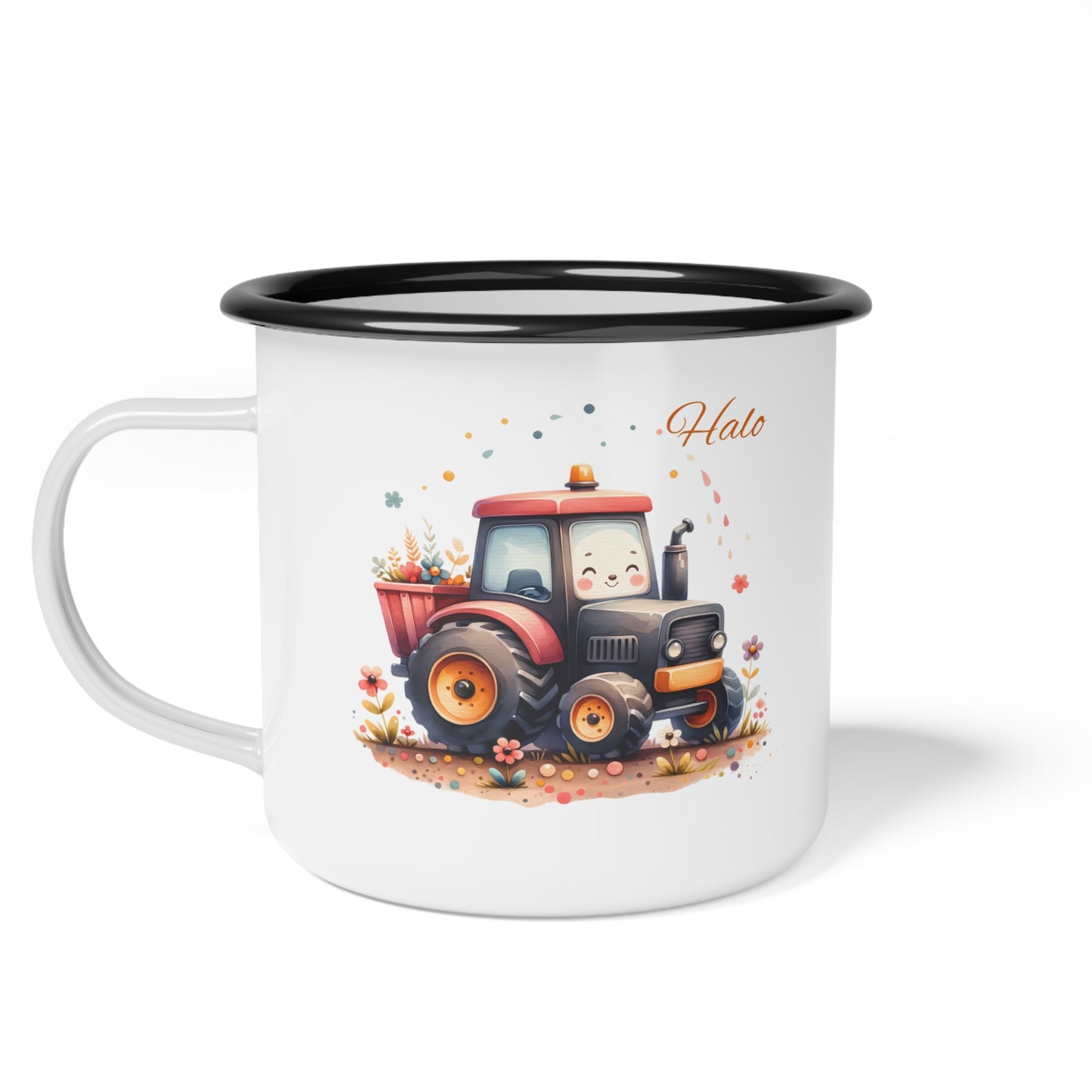 Cute Farm Tractor Enamel Camp Cup — Rustic Camping Mug with Smiling Tractor Design