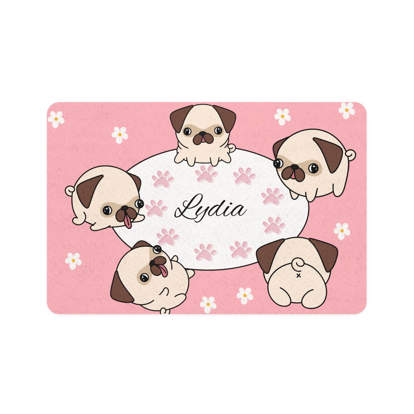 Personalized Pink Pug Pet Food Mat (12x18) — Custom Name Dog Feeding Placemat