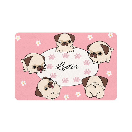 Personalized Pink Pug Pet Food Mat (12x18) — Custom Name Dog Feeding Placemat