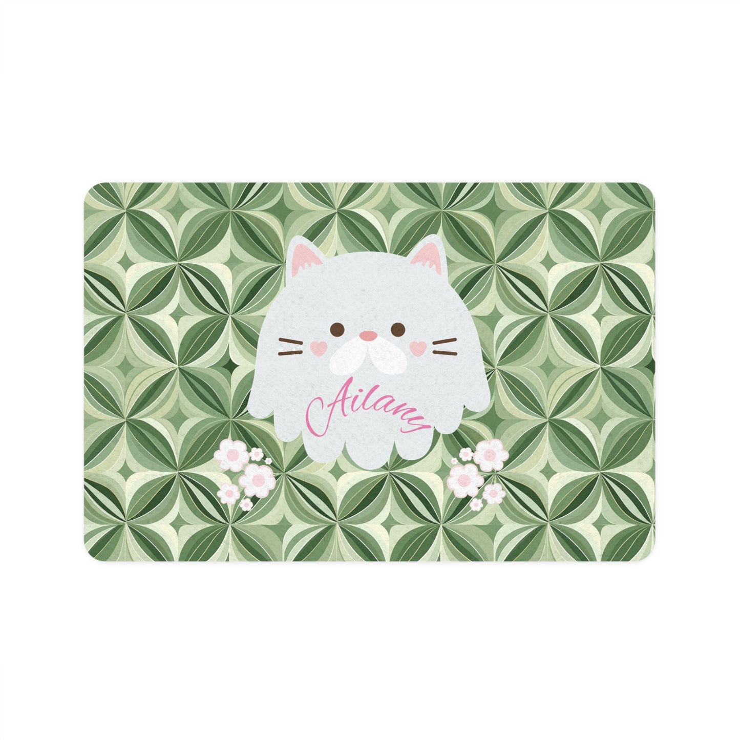 Personalized Cat Pet Food Mat (12x18) — Cute White Kitty on Green Geometric Background