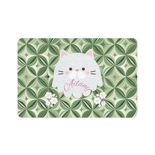 Personalized Cat Pet Food Mat (12x18) — Cute White Kitty on Green Geometric Background