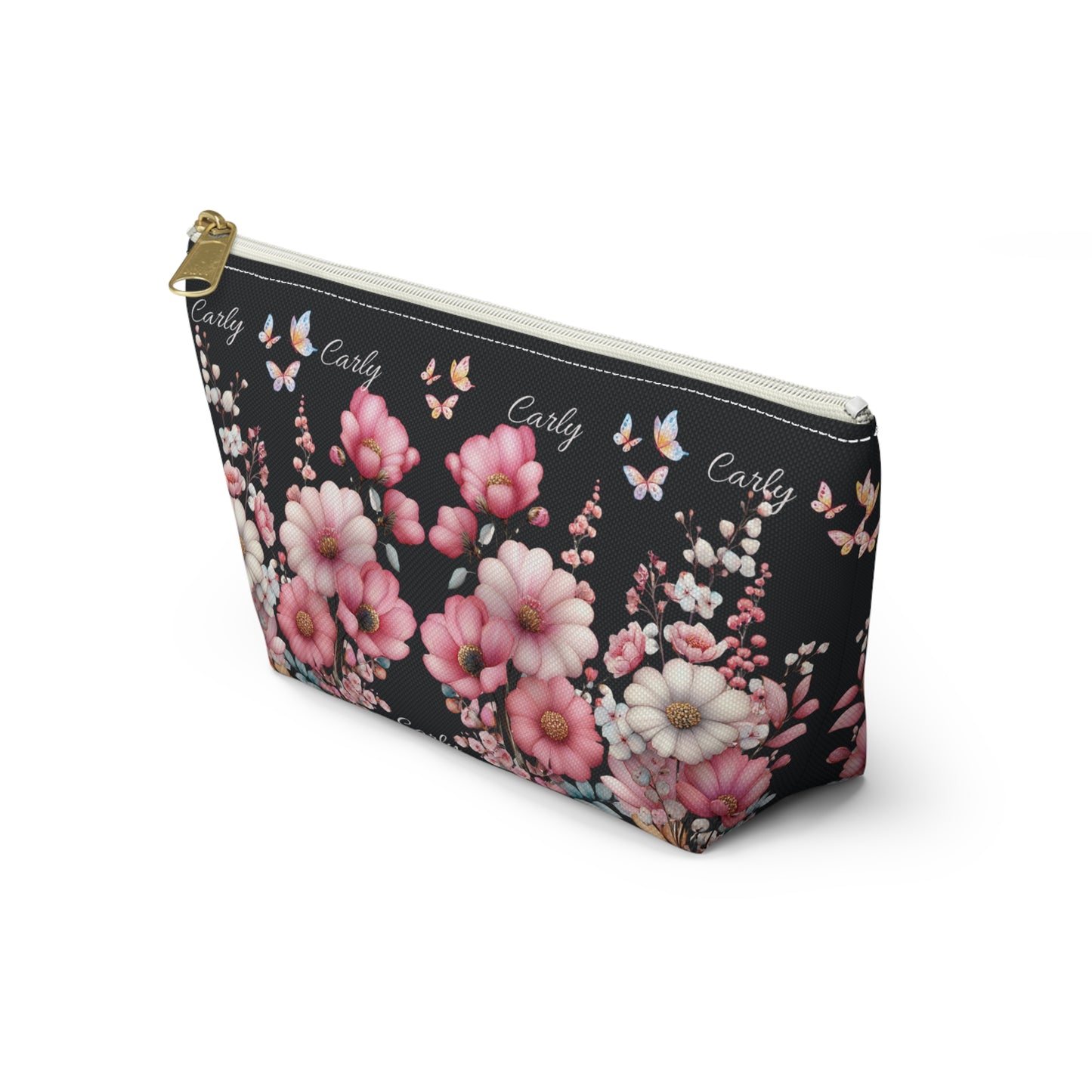 Floral Cosmetic Pouch with Pink Blooms — Personalized 'Carly' Accessory Bag