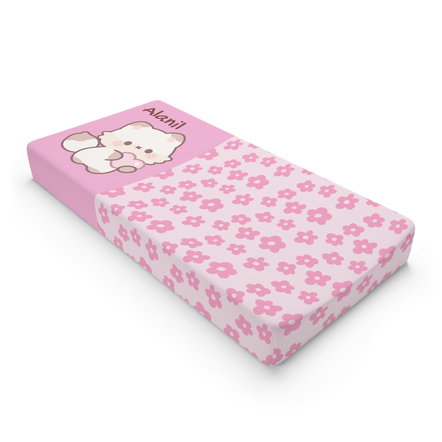 Personalized Pink Floral Baby Changing Pad Cover – Cute Kitten Name Design