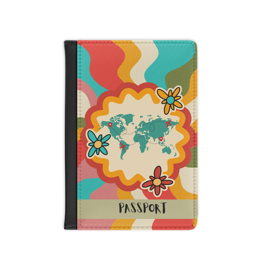 Retro Floral World Map Passport Cover — Colorful Travel Document Holder