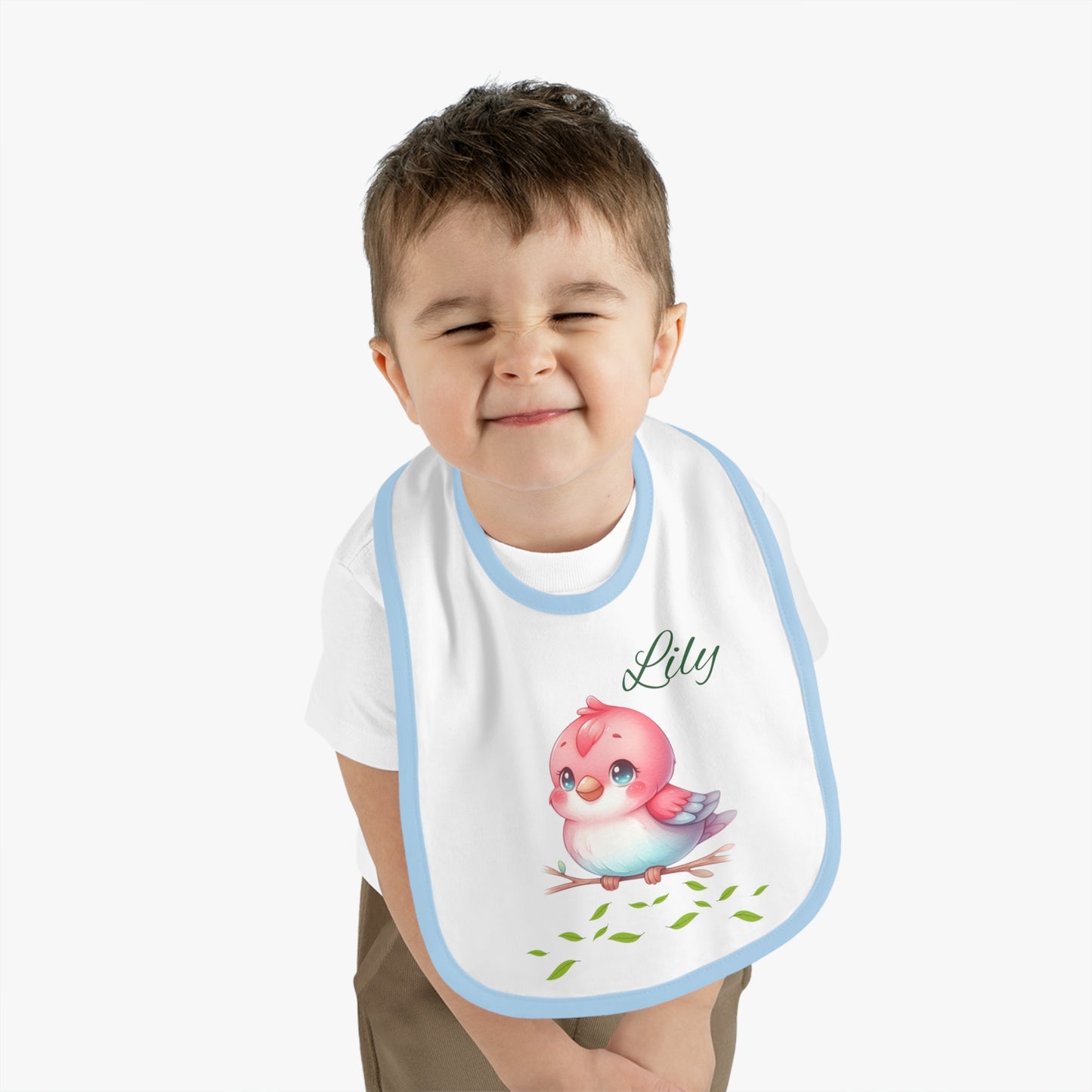 Personalized Baby Bib — Cute Pink Bird with Name (Lily) | Contrast Trim Jersey Bib