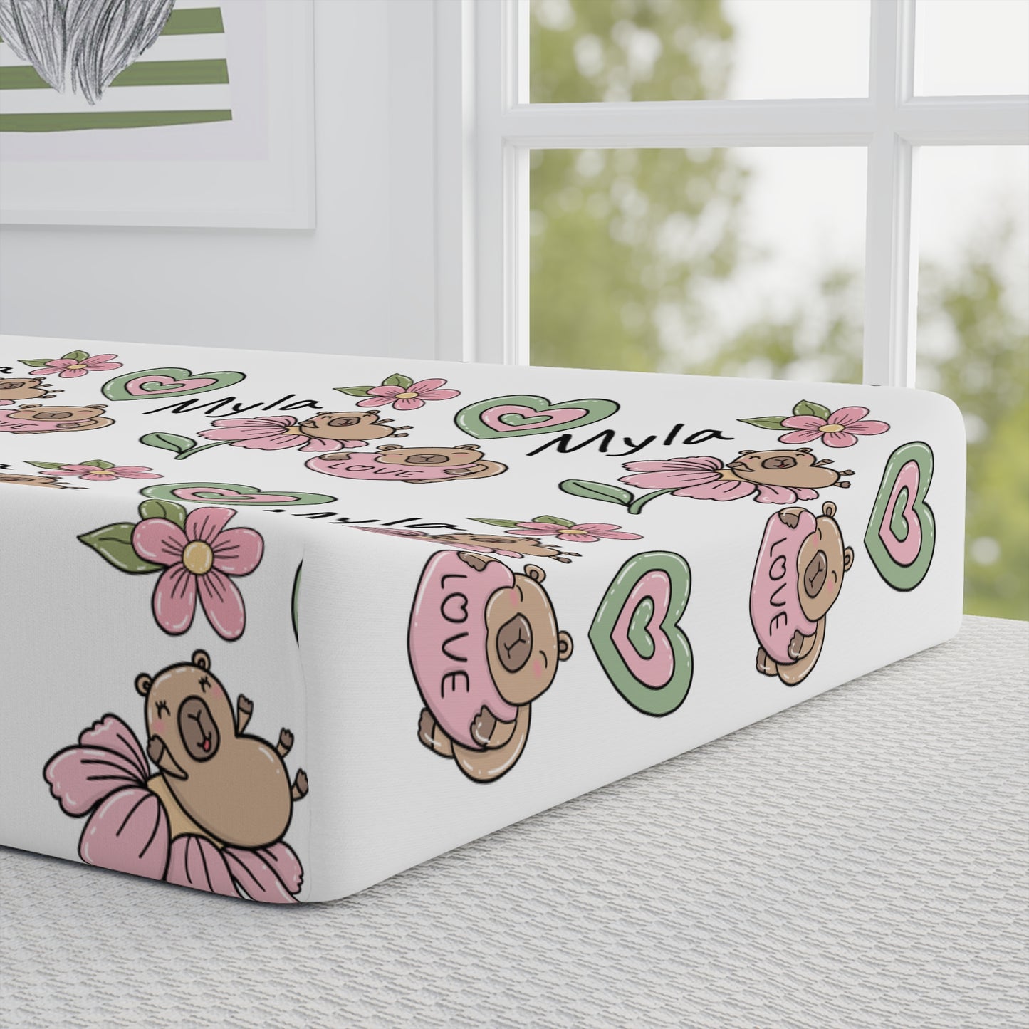 Personalized Floral Baby Changing Pad Cover – Custom Name (Myla)
