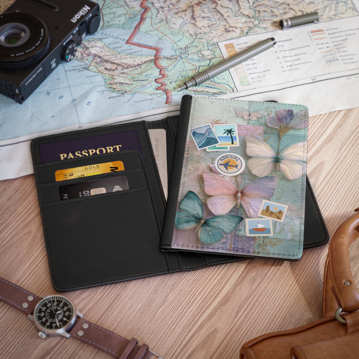Butterfly Travel Passport Cover — Pastel Vintage Collage with Travel Stickers