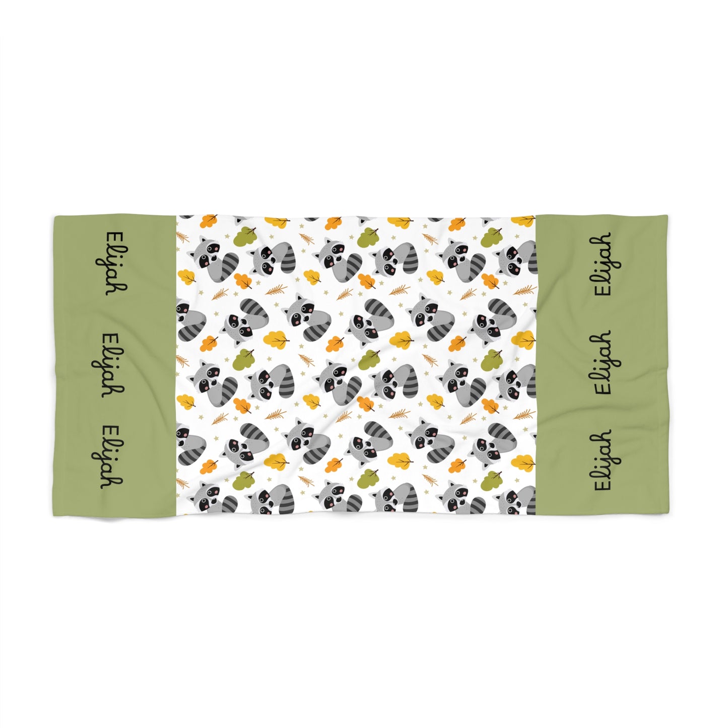 Personalized Racoon Pattern Beach Towel – Custom Name Tropical Leaf Design