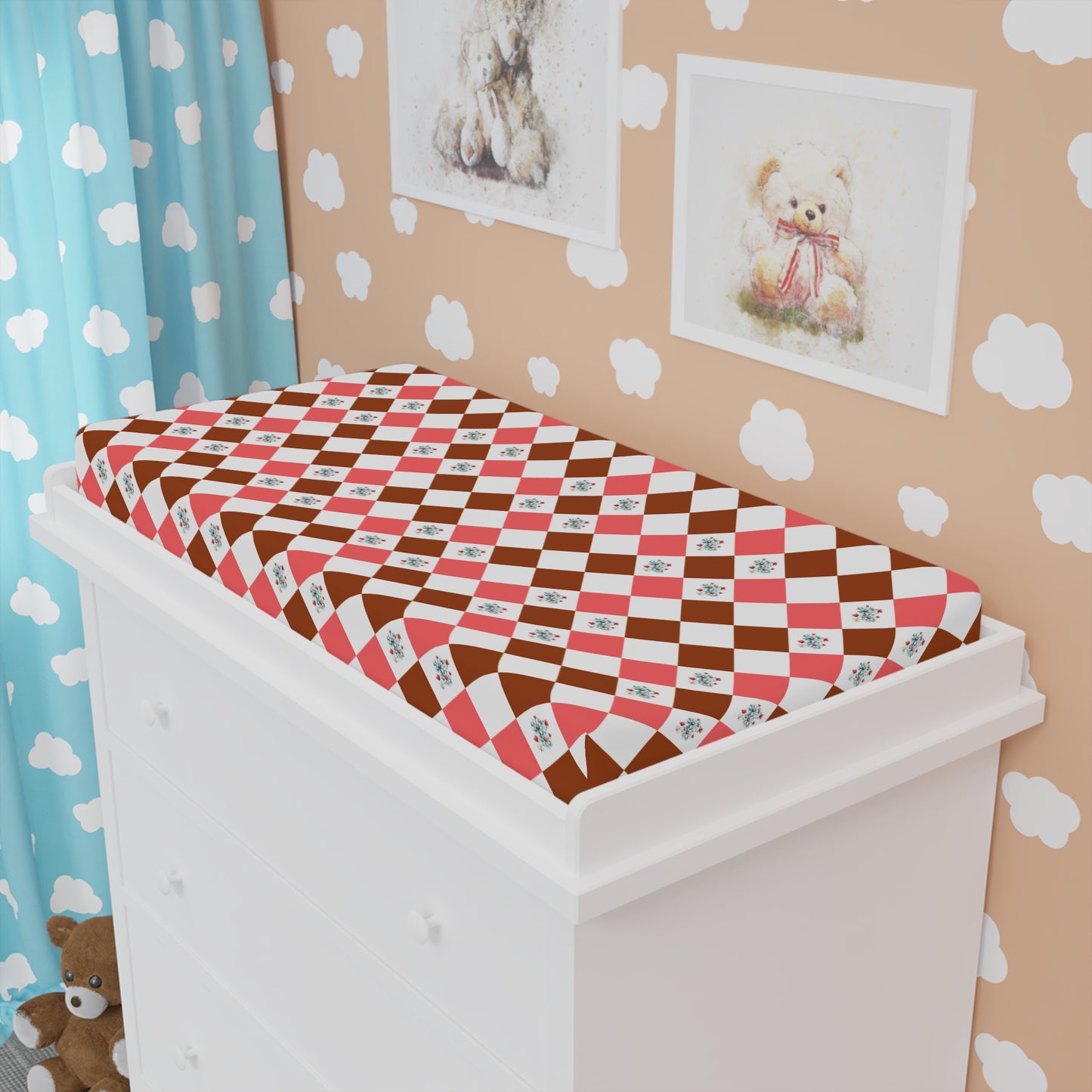 Diamond Patchwork Baby Changing Pad Cover — Pink & Brown Floral Check