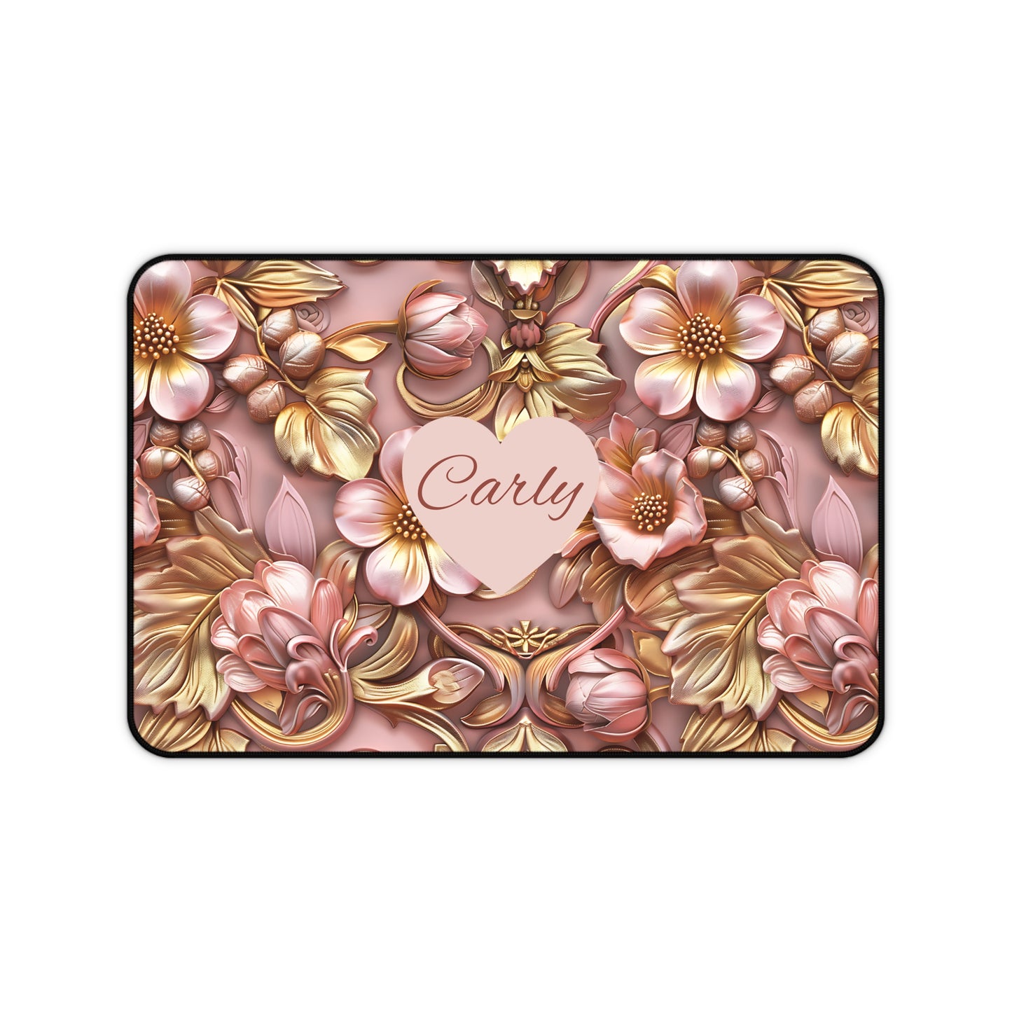 Personalized Floral Desk Mat — Rose Gold Heart Name Desk Pad