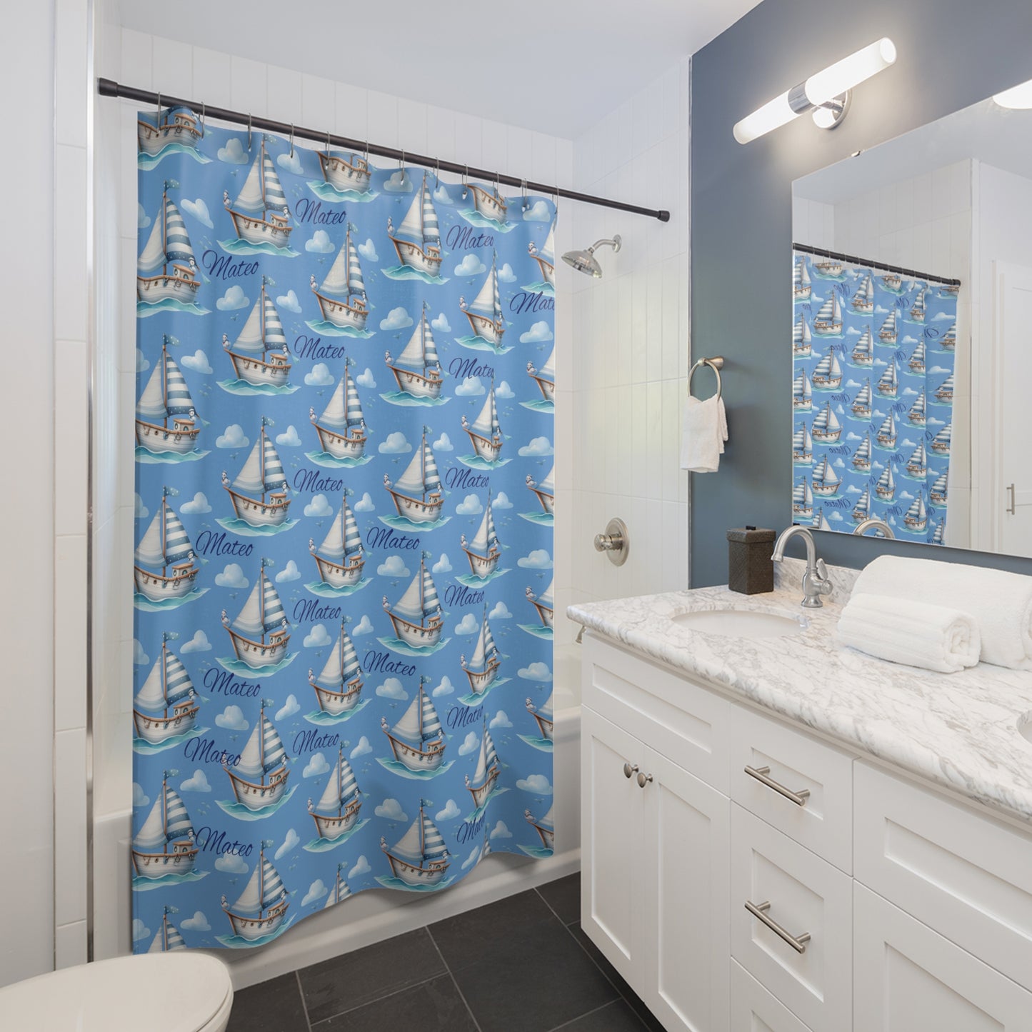 Nautical Sailboat Shower Curtain — Blue Boat Pattern with “Mateo” Name