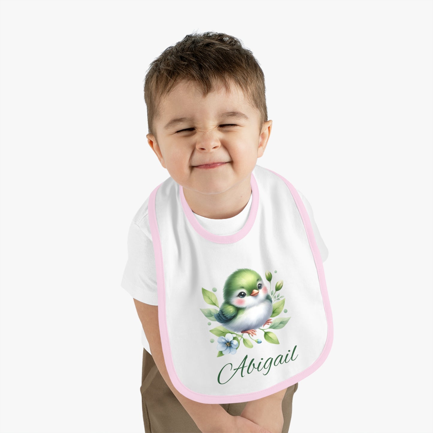 Personalized Baby Bib — Green Watercolor Bird with Name