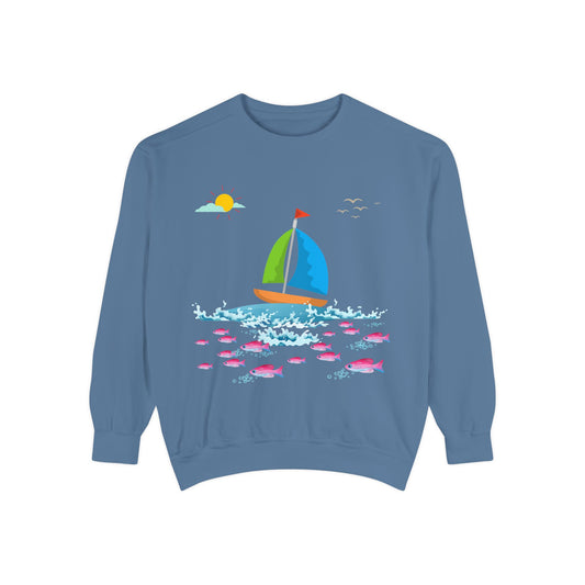 Sailboat and Red fish Lightweight Unisex Garment-Dyed Sweatshirt
