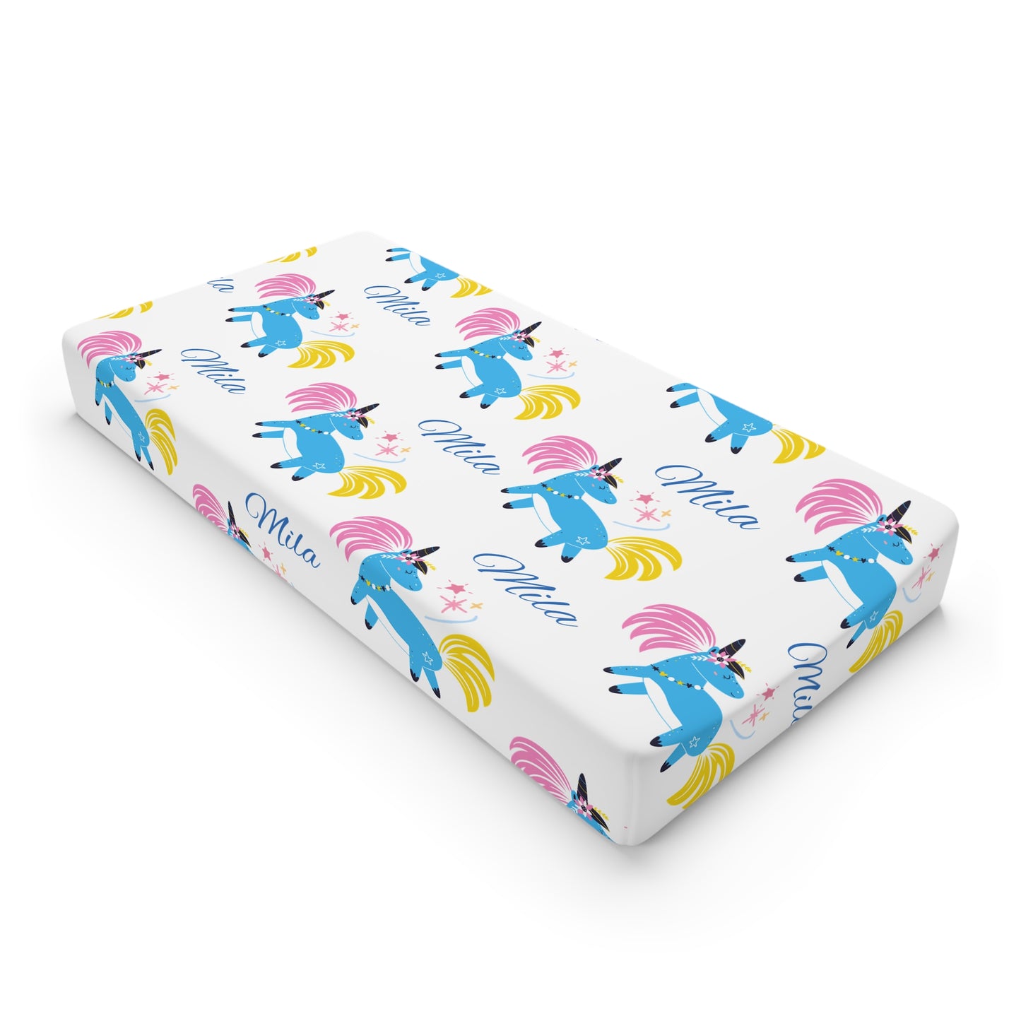 Unicorn Baby Changing Pad Cover — Cute Blue Unicorns with Name 'Mila'