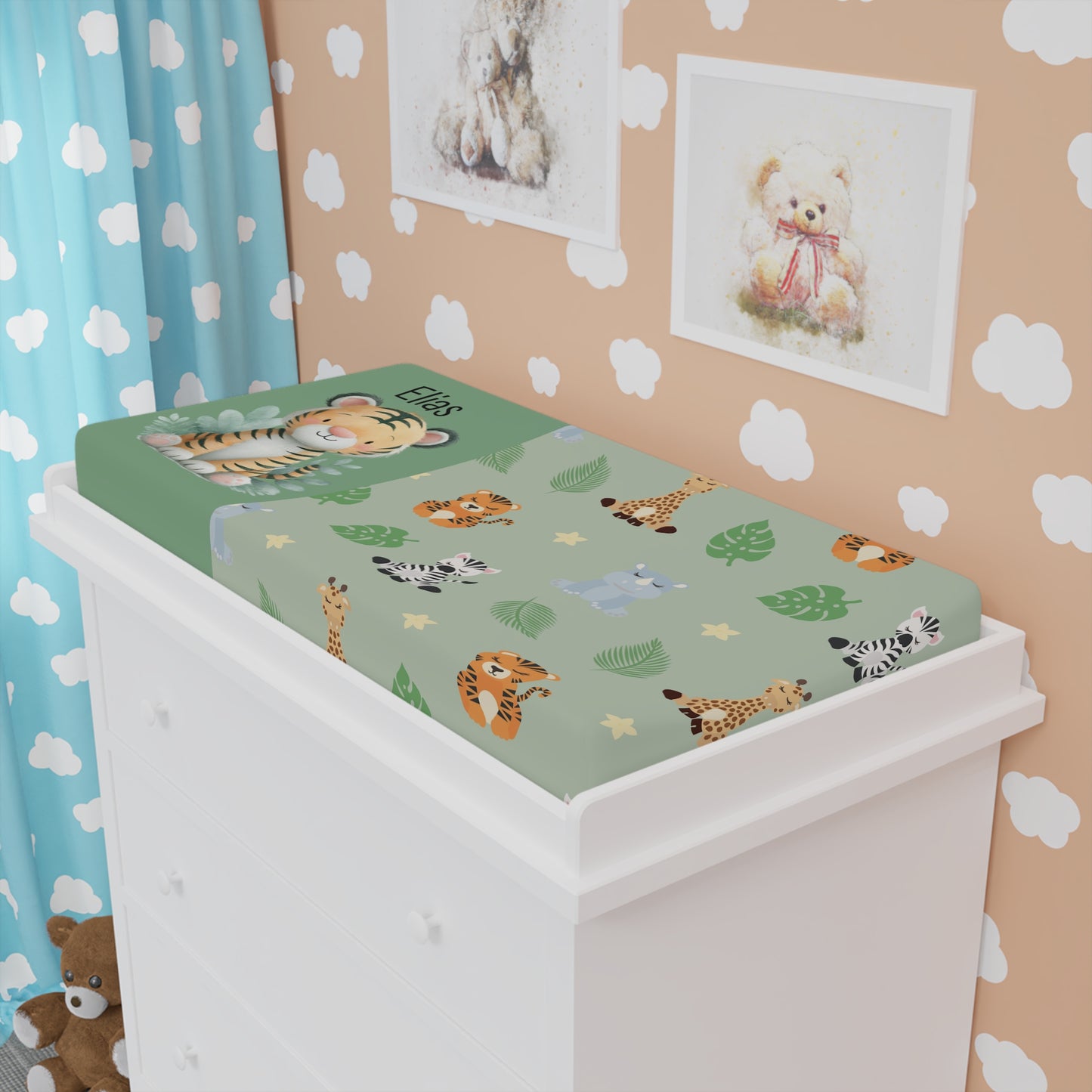 Baby Changing Pad Cover — Personalized Jungle Safari Animals (Green)