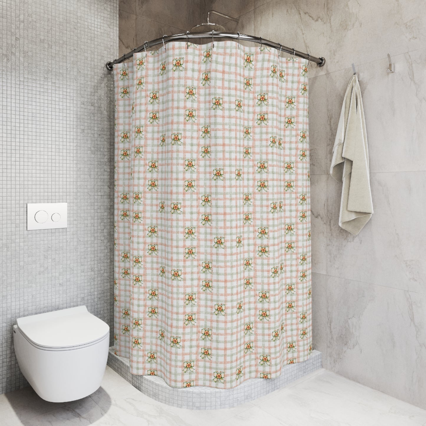 Floral Plaid Shower Curtain — Vintage Cottage Rose Bath Curtain