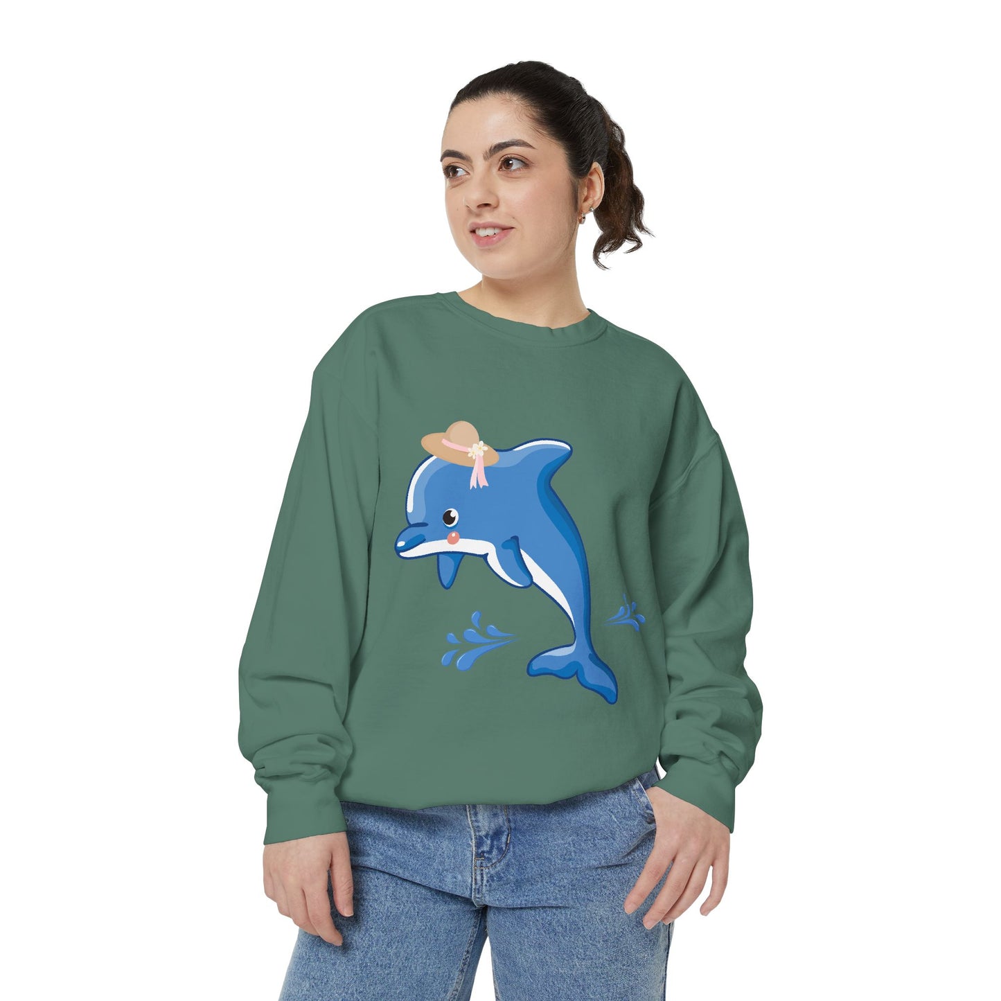 Dolphin wearing a straw hat with stylized water splashes Unisex Garment-Dyed Sweatshirt