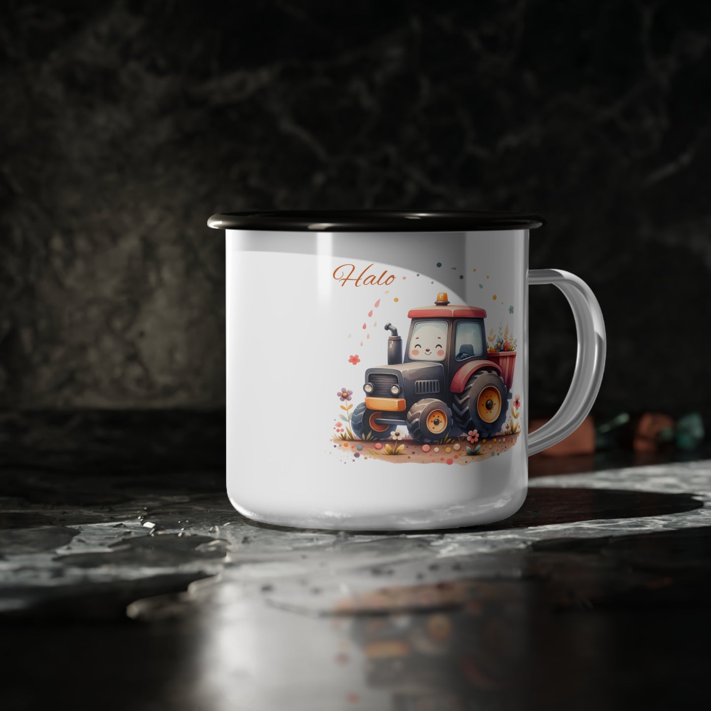 Cute Farm Tractor Enamel Camp Cup — Rustic Camping Mug with Smiling Tractor Design