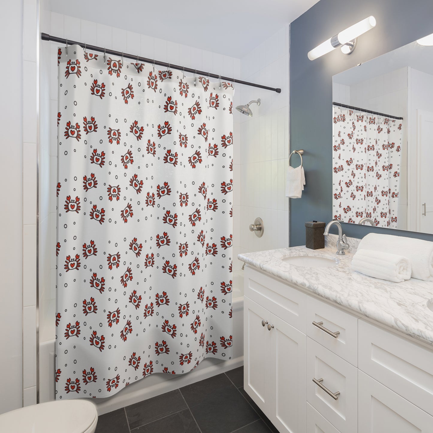 Heart Crab Pattern Shower Curtain – Cute Coastal Bathroom Decor