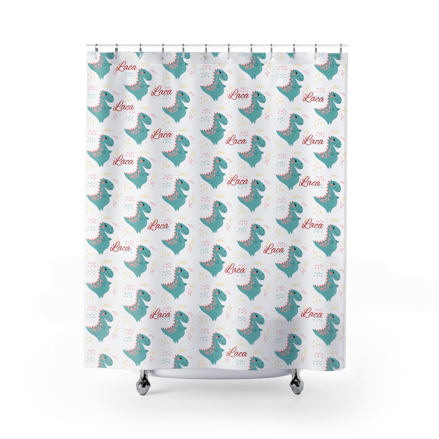 Dino Love Shower Curtain — Cute Teal Dinosaur Pattern with "Laca" Script