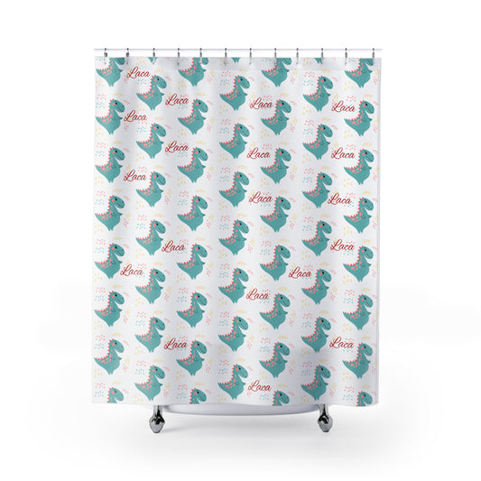 Dino Love Shower Curtain — Cute Teal Dinosaur Pattern with "Laca" Script