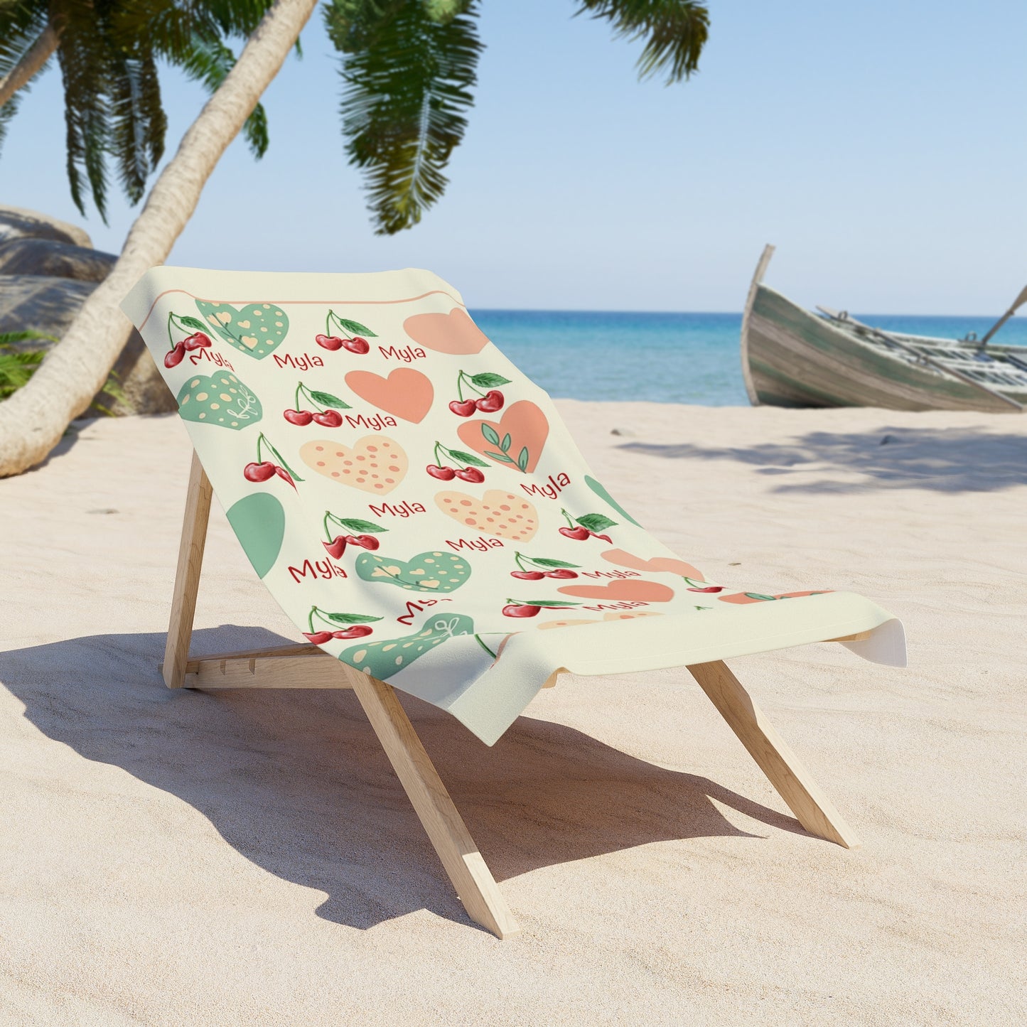 Personalized Cherry Heart Beach Towel — Custom Name "Myla" Pattern