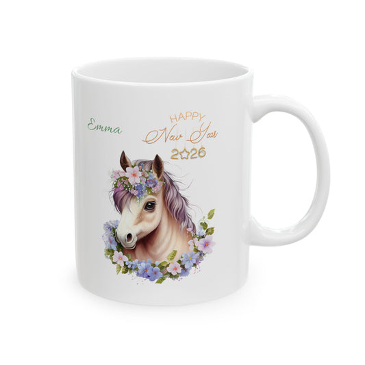 Floral Horse Ceramic Mug – Personalized "Emma" Coffee Cup (11oz & 15oz)