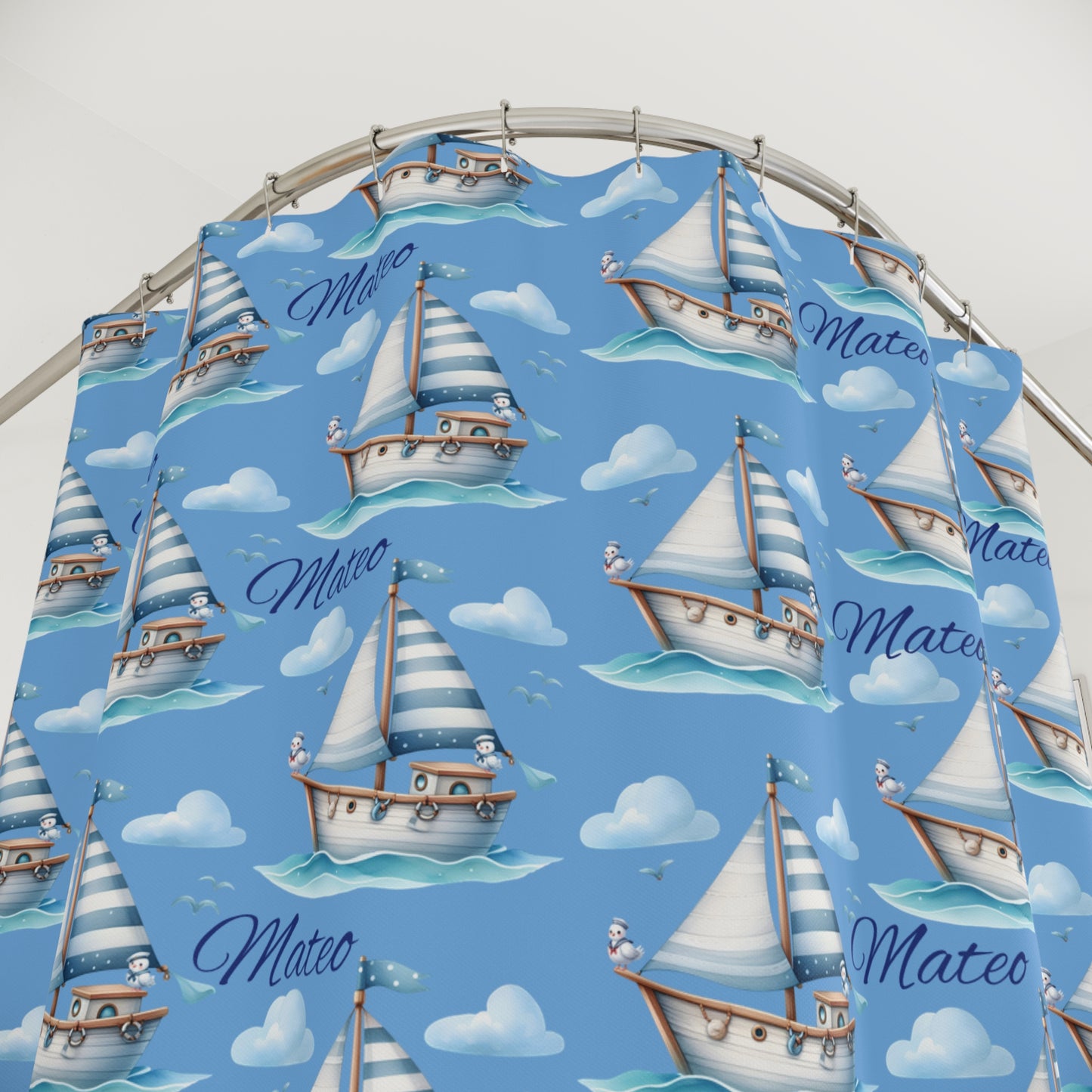 Nautical Sailboat Shower Curtain — Blue Boat Pattern with “Mateo” Name