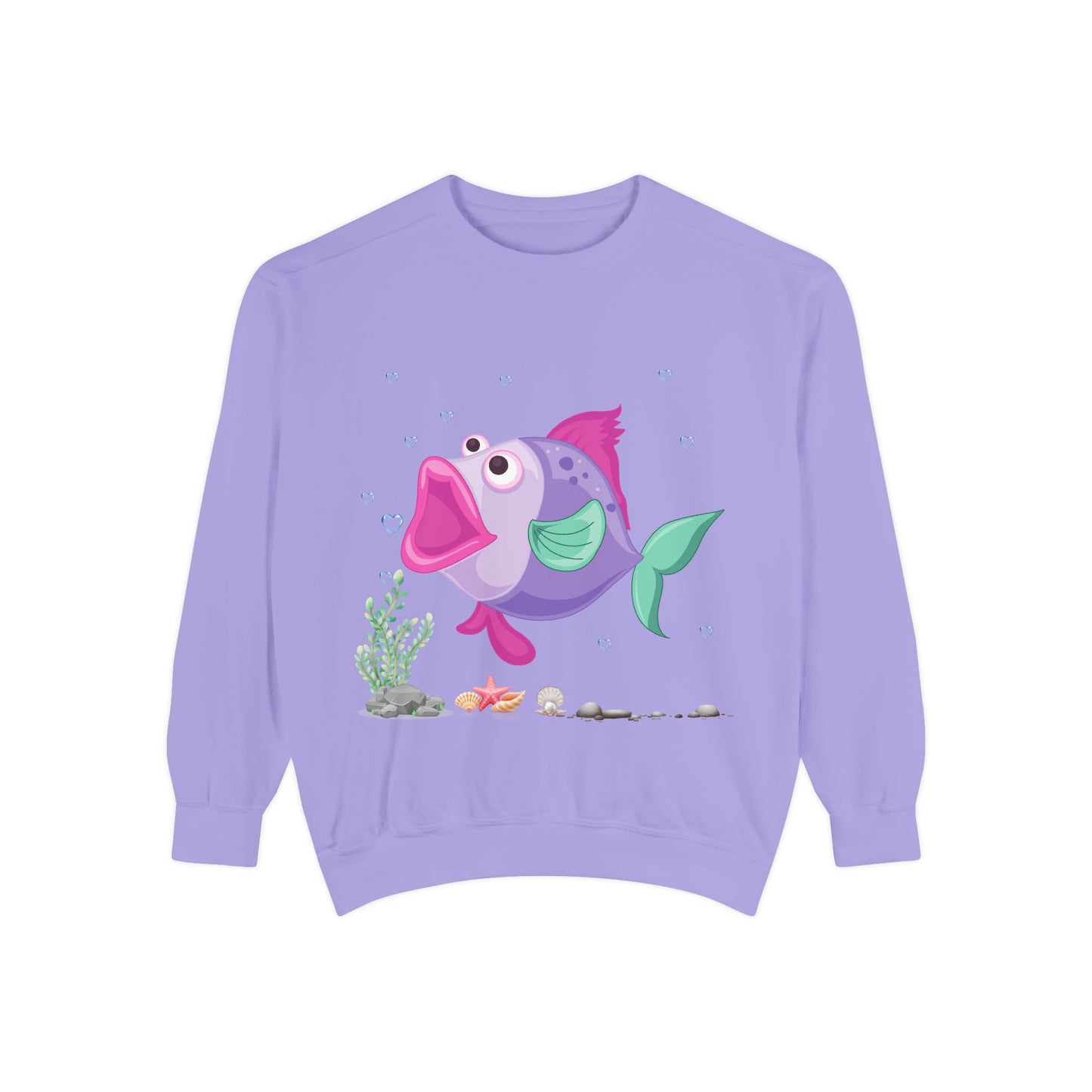 Fish with open mouth bubbles and underwater flora Unisex Garment-Dyed Sweatshirt