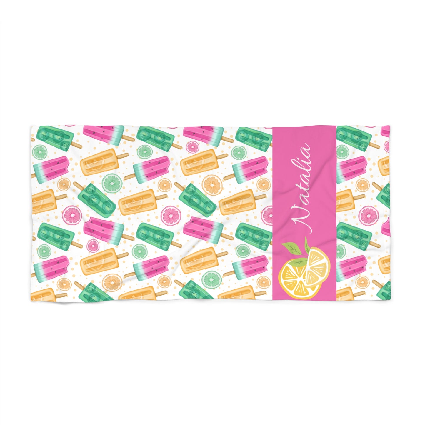 Personalized Lemon Popsicle Beach Towel — Colorful Summer Ice Pop Pattern, Custom Name