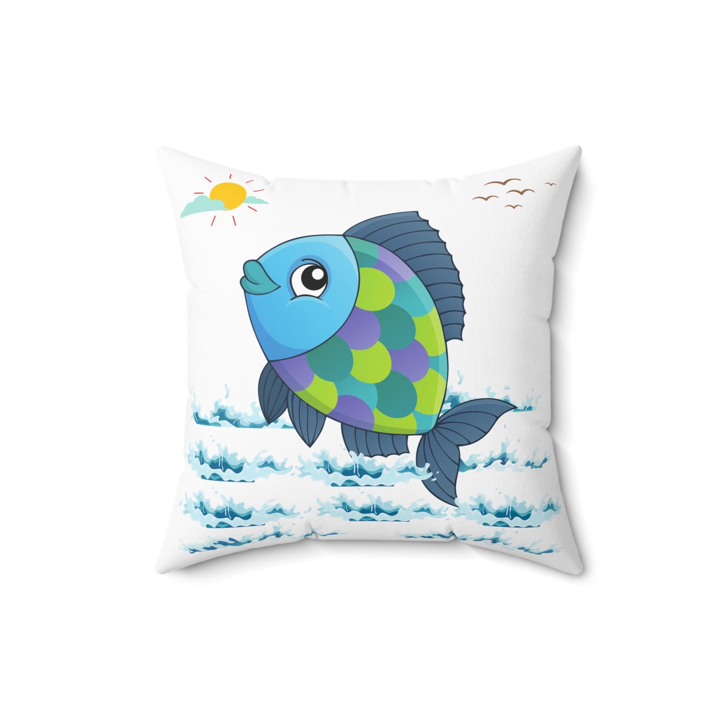 Fish with a sun and birds in the sky above water Spun Polyester Square Pillow