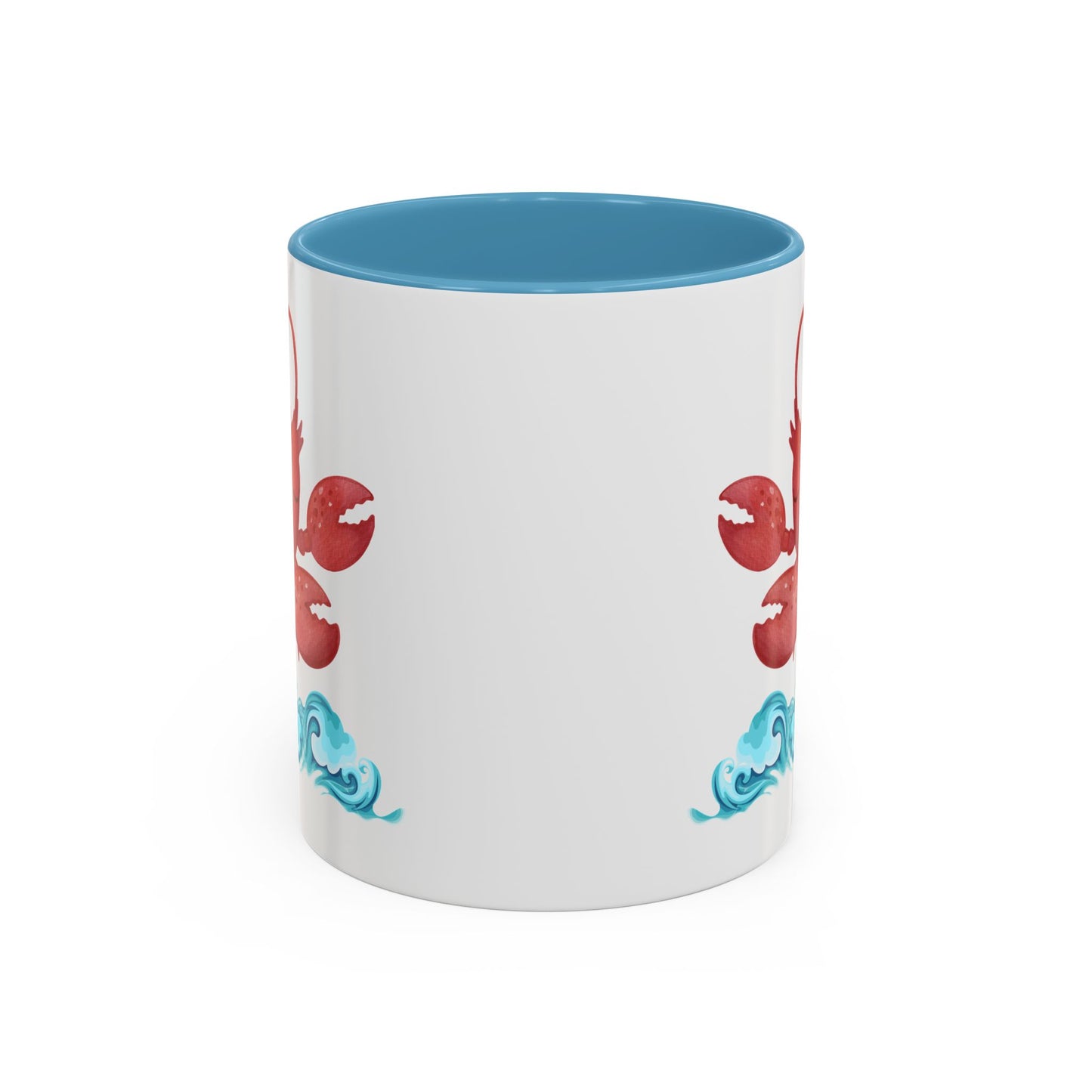 Cheerful red lobster emerging from stylized blue waves Coffee Mug