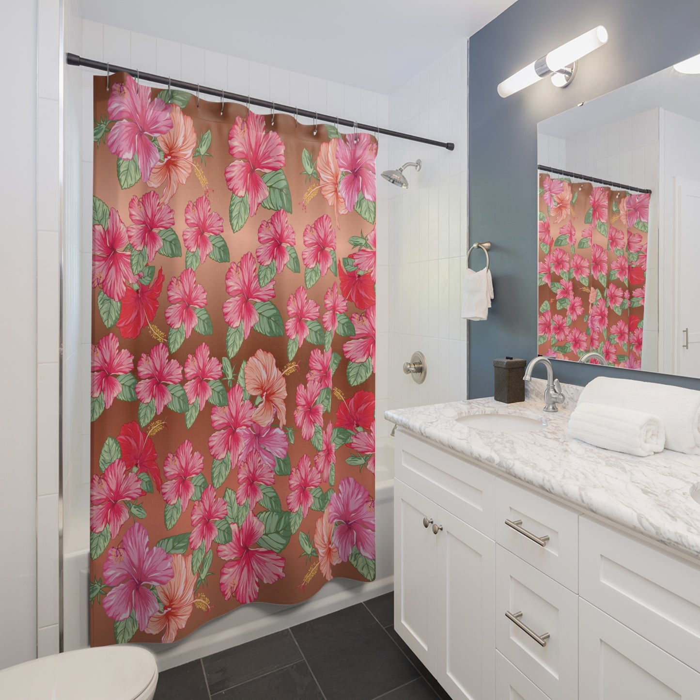 Tropical Hibiscus Shower Curtain — Pink Floral Bathroom Decor