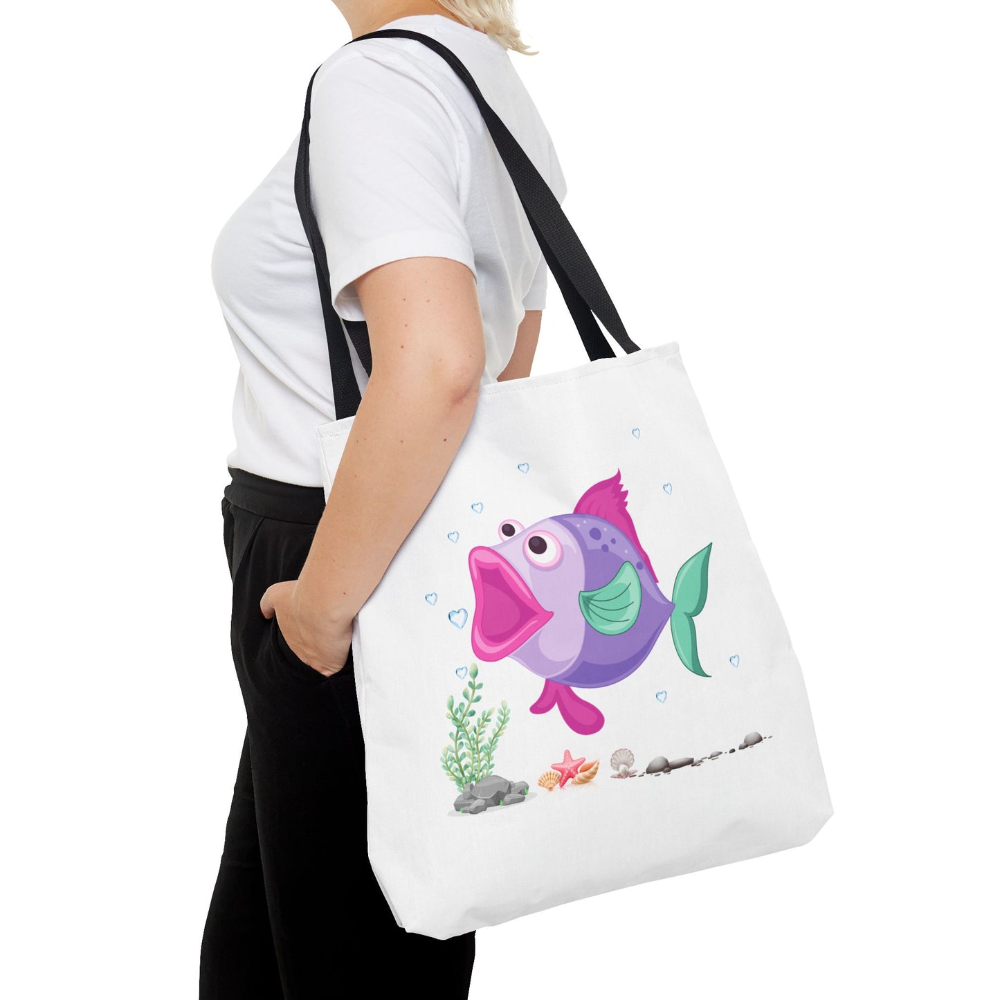 Fish with open mouth bubbles and underwater flora. Tote Bag