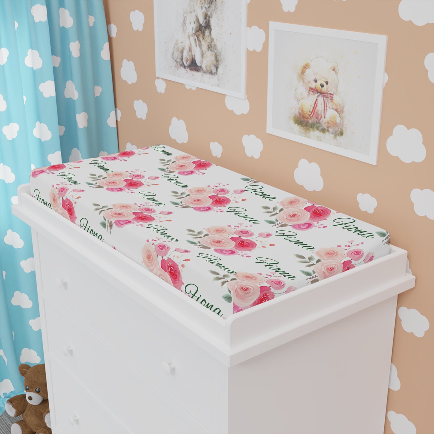 Personalized Floral Baby Changing Pad Cover – Pink Rose Name Print