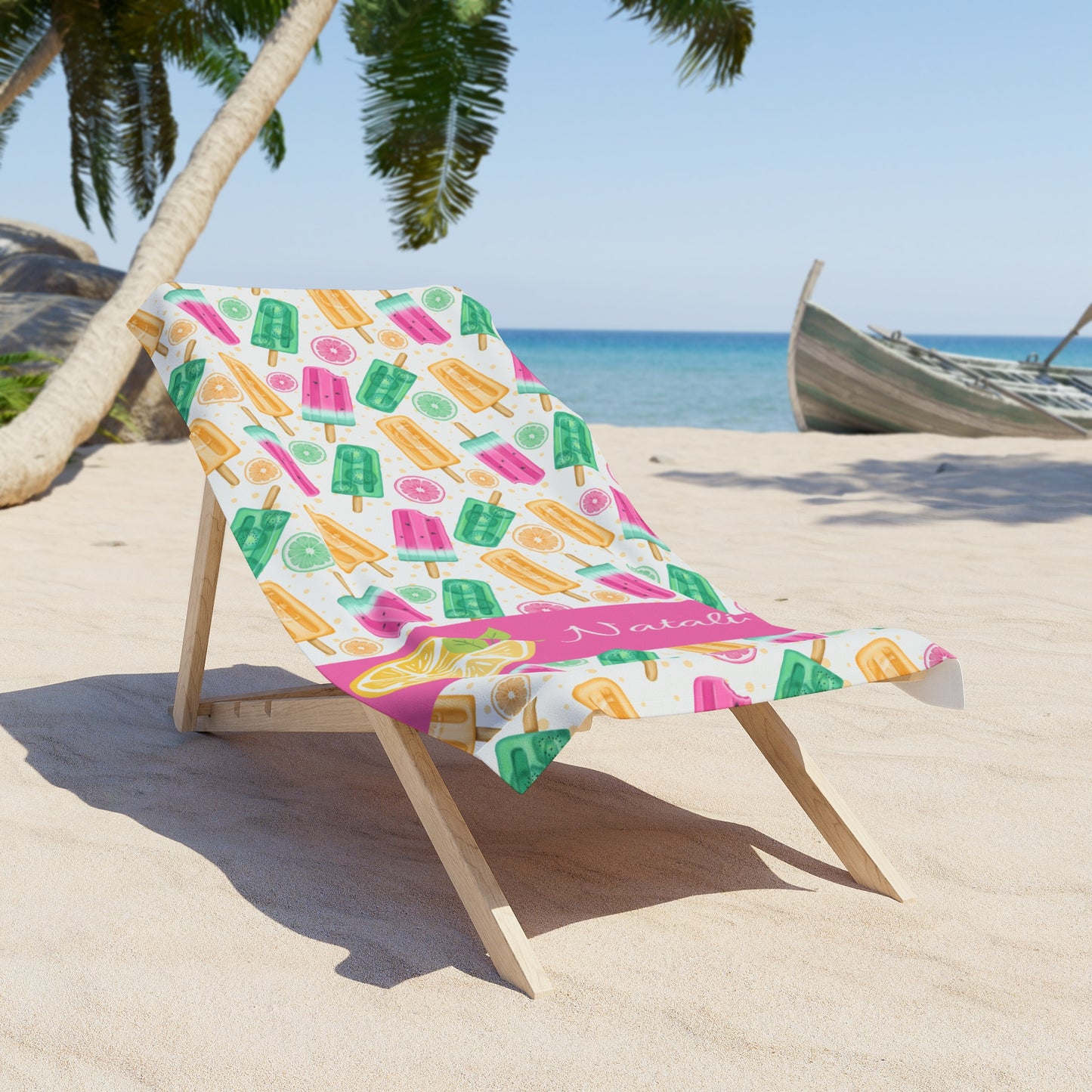 Personalized Lemon Popsicle Beach Towel — Colorful Summer Ice Pop Pattern, Custom Name