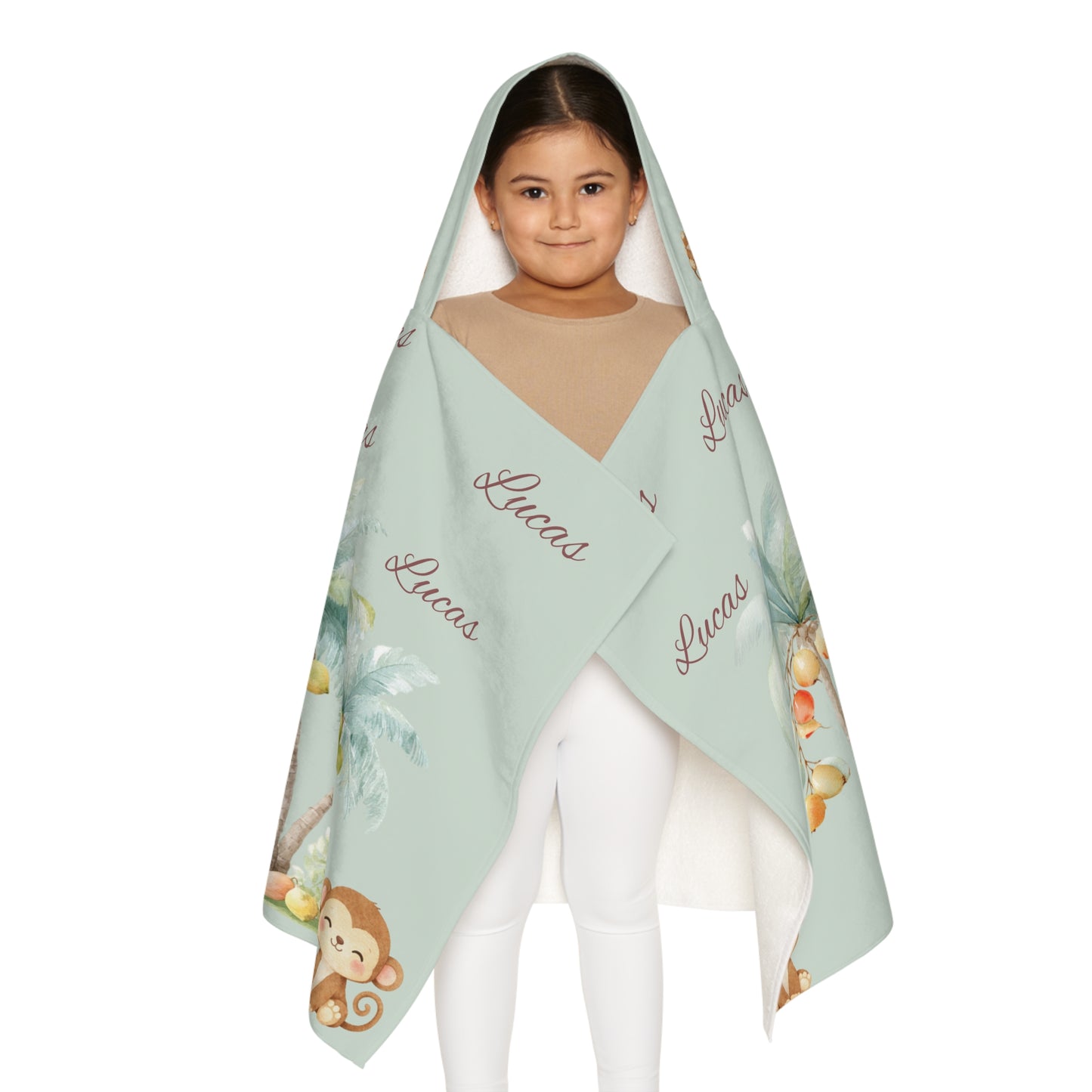 Hooded Towel — Personalized Tropical Monkey Kids Beach & Bath Towel (Custom Name "Lucas")