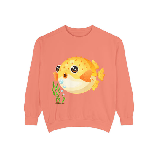 Cartoon Pufferfish with seaweed Unisex Garment-Dyed Sweatshirt