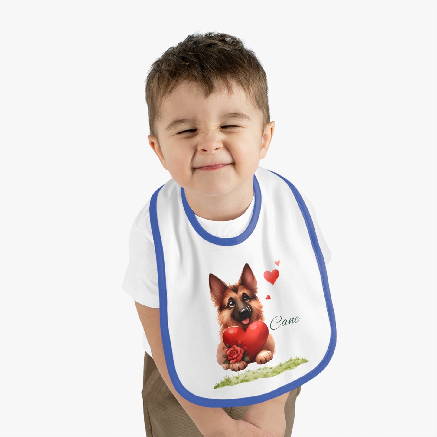German Shepherd Baby Bib — Cute Puppy Holding Heart Valentine Infant Bib