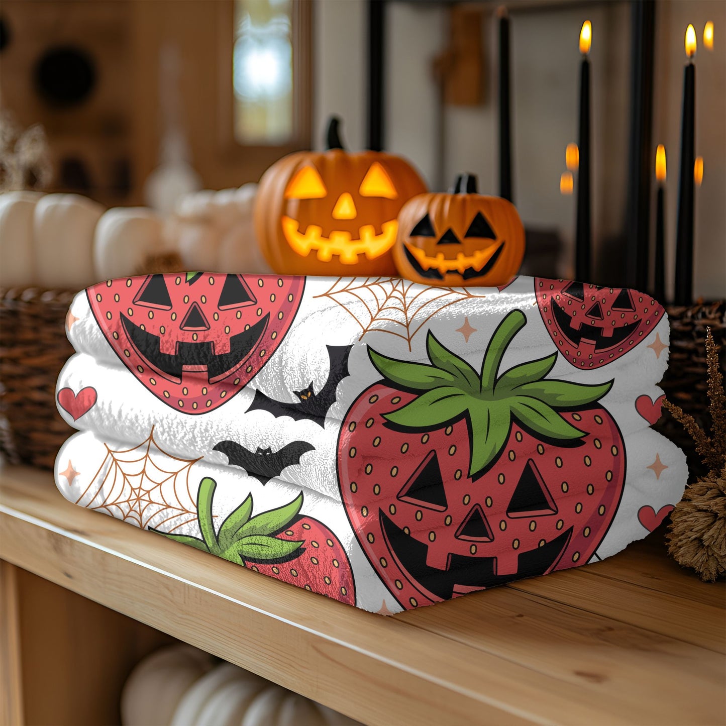 Halloween Strawberry Plush Blanket, Cozy Throw for Fall Decor, Cute Halloween Gift, Spooky Seasonal Blanket, Warm Home Accessory