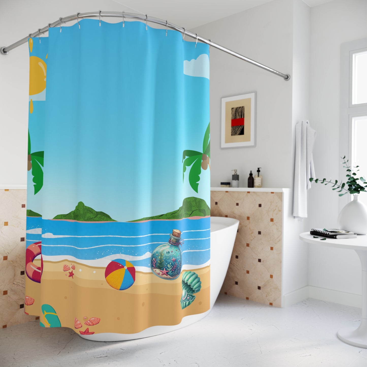 Beach Scene Shower Curtain - Tropical Palm, Seashell & Beach Ball Bathroom Decor