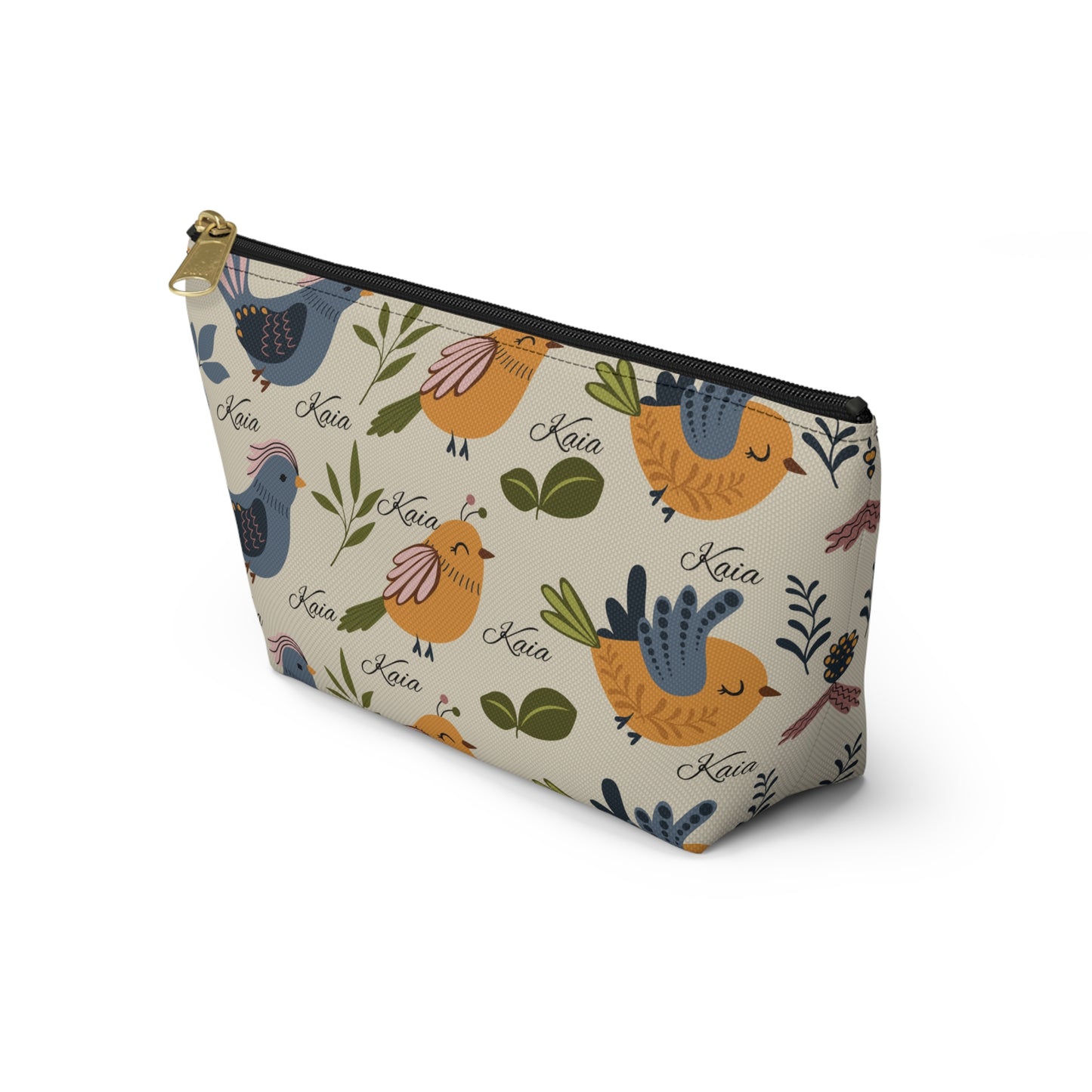 Bird Pattern Accessory Pouch — Personalized "Kaia" Cosmetic Bag