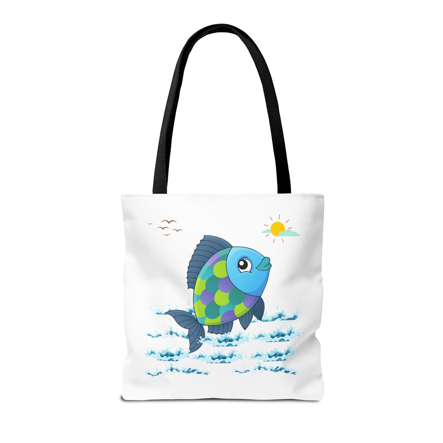 Fish with a sun and birds in the sky above water Tote Bag
