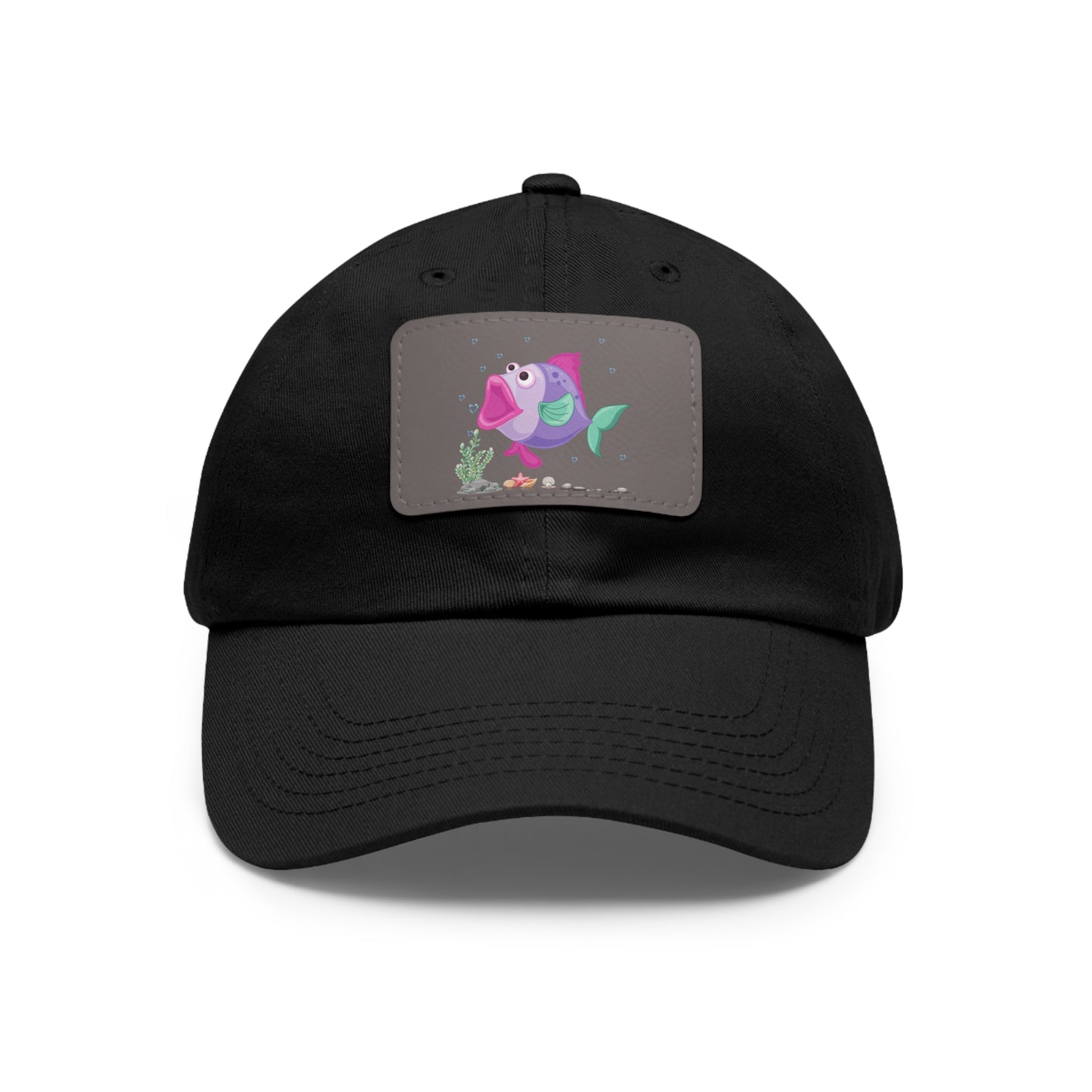 Fish with open mouth bubbles and underwater flora Dad Hat with Leather Patch (Rectangle)
