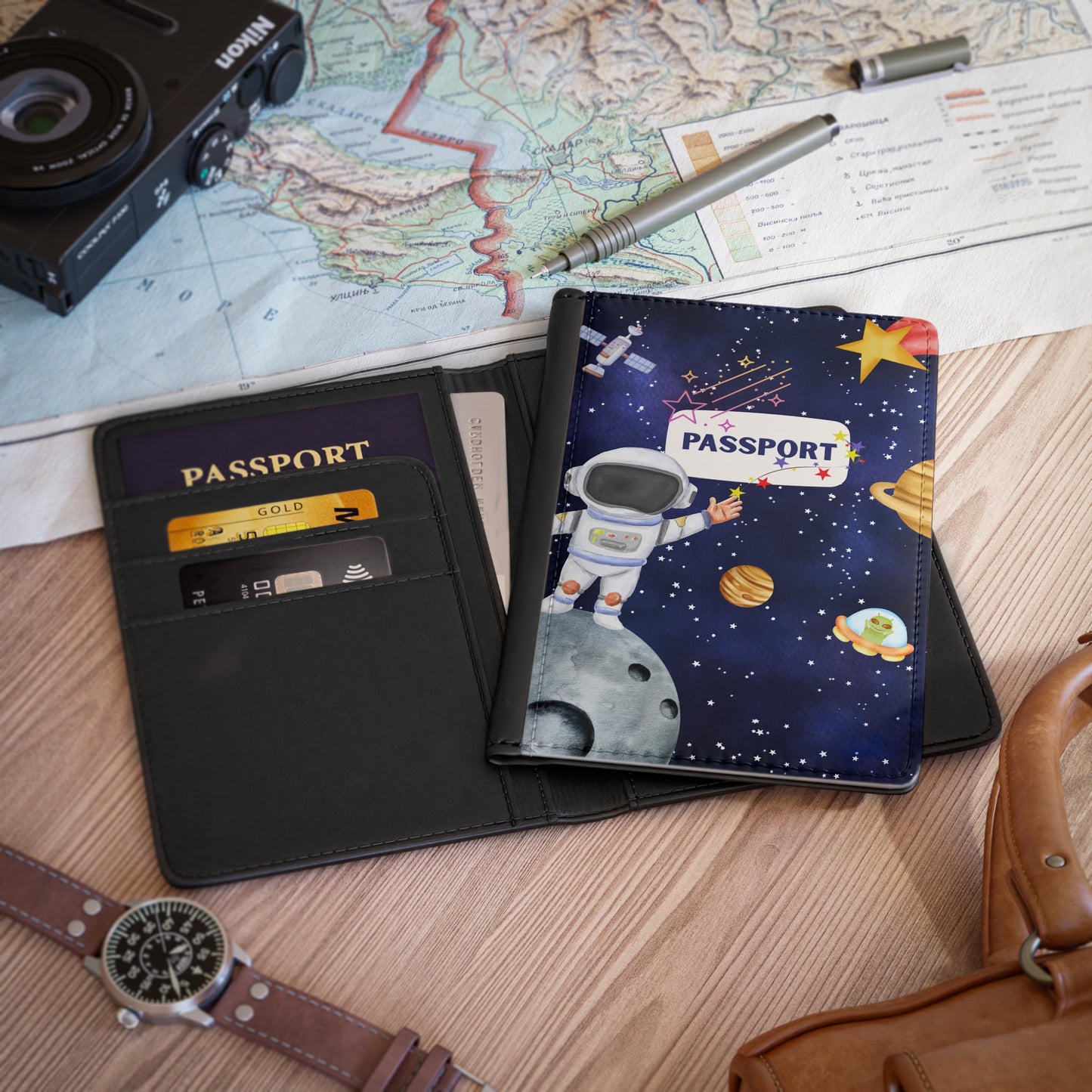 Space Explorer Passport Cover — Cute Astronaut & Planets Travel Wallet