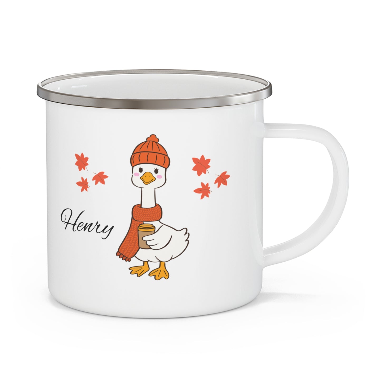Personalized Fall Enamel Camping Mug with Cute Goose Design