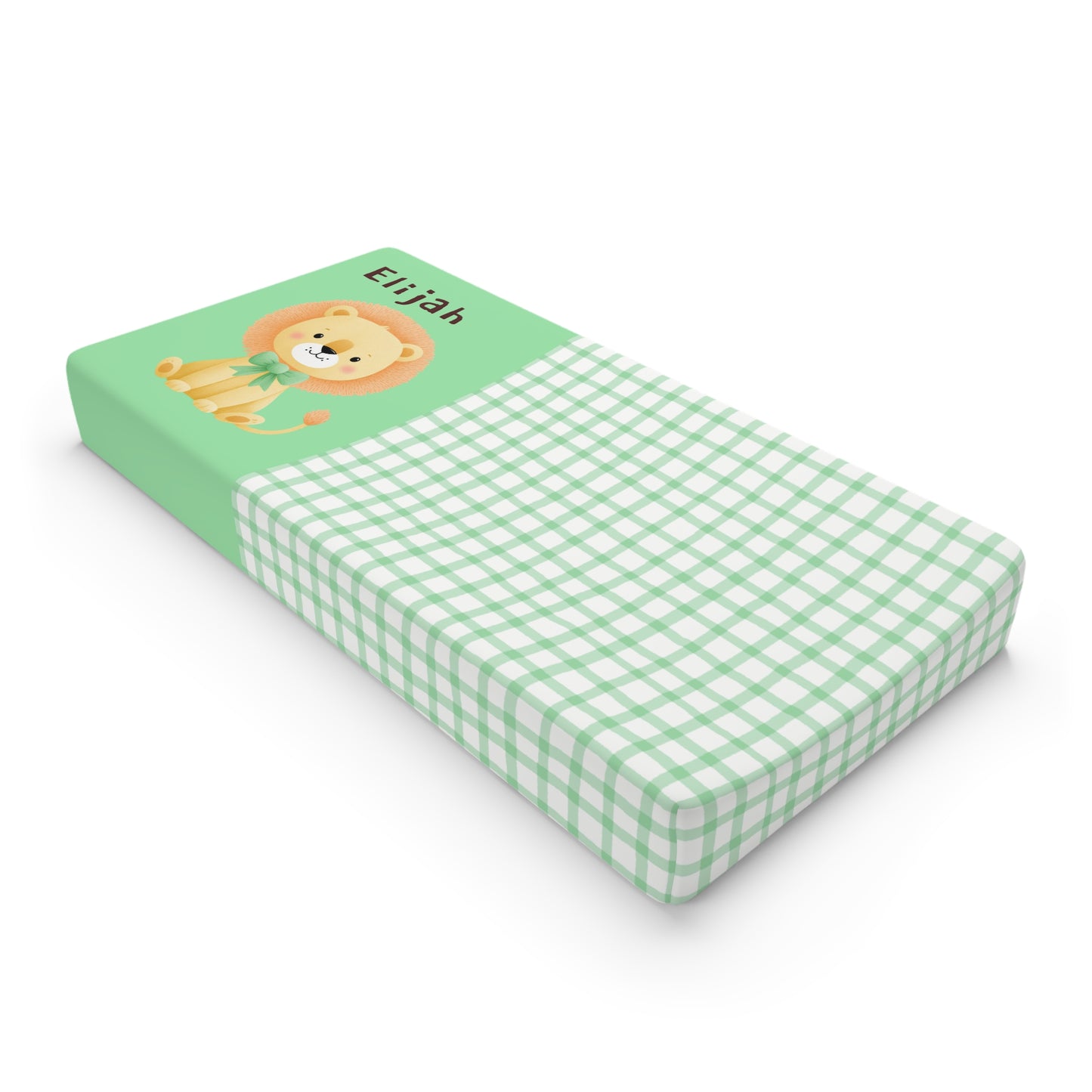 Personalized Lion Baby Changing Pad Cover – Green Gingham Nursery Accent